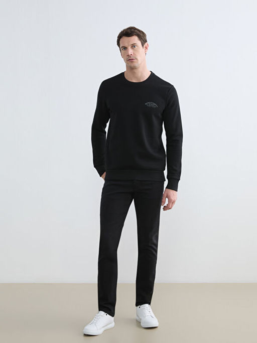 Bisiklet Yaka Bask?l? Erkek Kal?n Sweatshirt