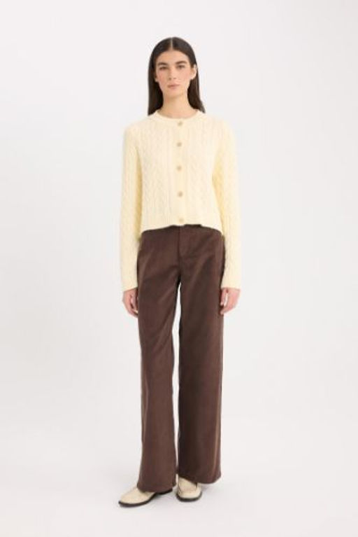 Fitilli Kadife Pantolon Wide Leg Yuksek Bel Genis Bol Paca Basic Duz Cepli