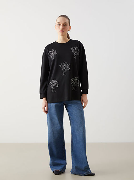 Bisiklet Yaka Ta?l? Oversize Kad?n Sweatshirt Tunik