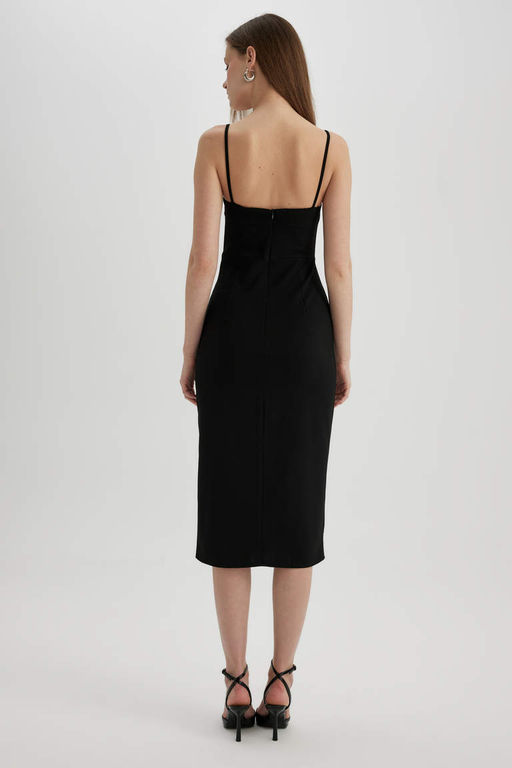 Черное платье миди с квадратным вырезом и разрезом на бретельках - Defacto фото 7
