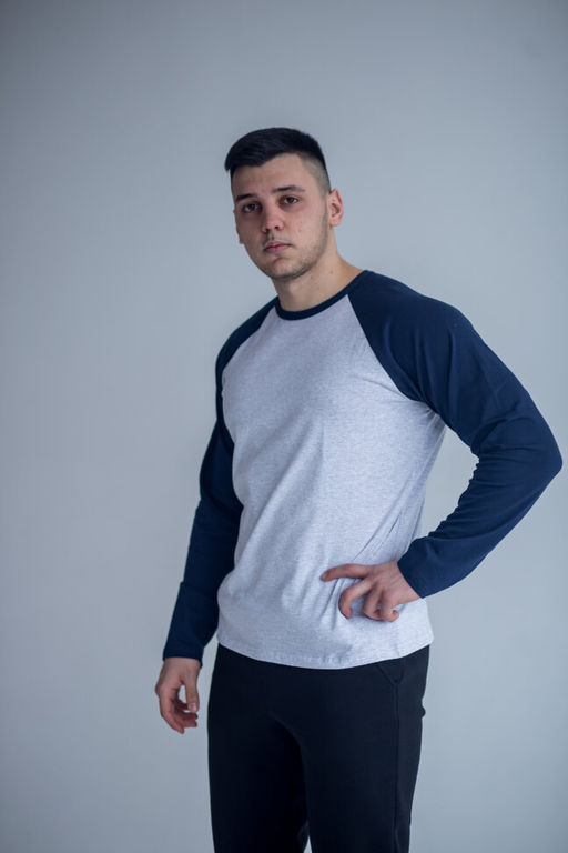 Лонглив РЕГЛАН мужской, серый меланж/т.синий - Knitka wear фото 5