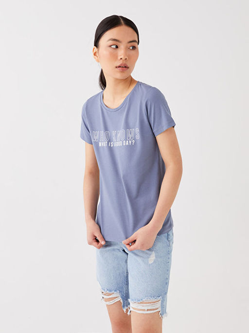 Bisiklet Yaka Bask?l? K?sa Kollu Kad?n Ti??rt