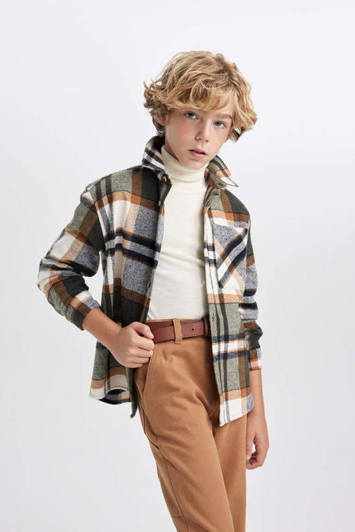 Фланелевая рубашка оверсайз для мальчика в клетку с длинными рукавами - Defacto фото 4