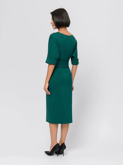 Платье изумрудного цвета длины миди с поясом и рукавами летучая мышь - 1001dress фото 3