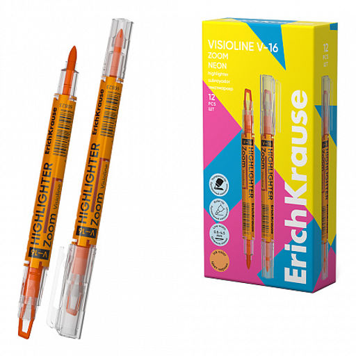АКЦИЯ Цена за 12 шт. Двухсторонний текстмаркер ErichKrause Visioline V-16 Brush Neon, цвет чернил желтый (в коробке по 12 шт.)  фото 8