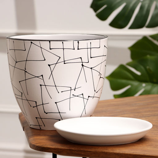 Горшок для цветов «Иллюзия», керамический, с поддоном, 5 л, белый с геометрическим орнаментом