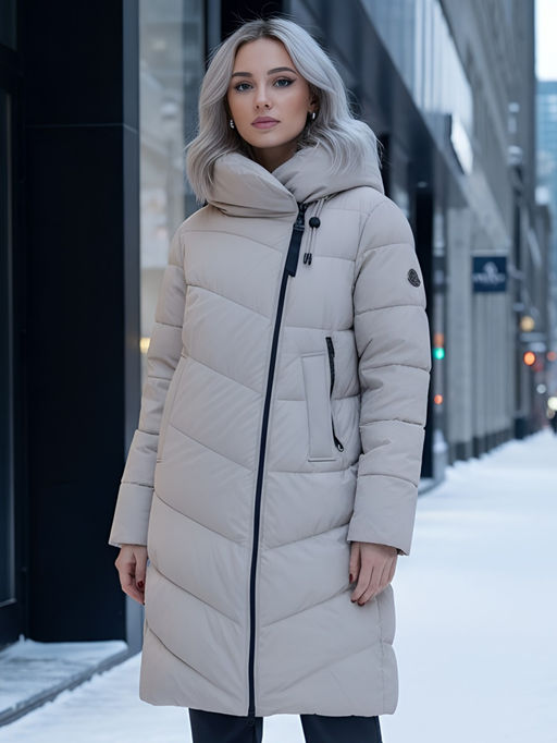 Пальто зимнее утепленное с капюшоном женское бежевого цвета 1318B