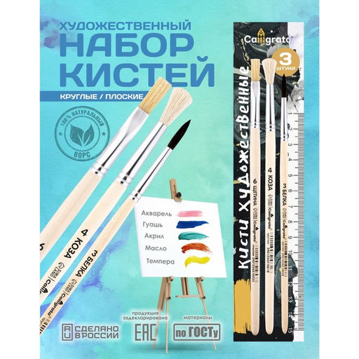 Набор кистей для рисования, белка, коза, щетина, 3 штуки: № 3, № 4 (круглые), № 6 (плоская), Calligrata, круглые, плоская, деревянная ручка, в пакете