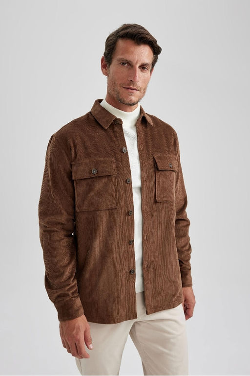 Вельветовая куртка-рубашка стандартного кроя с воротником-поло и длинными рукавами - Defacto фото 6