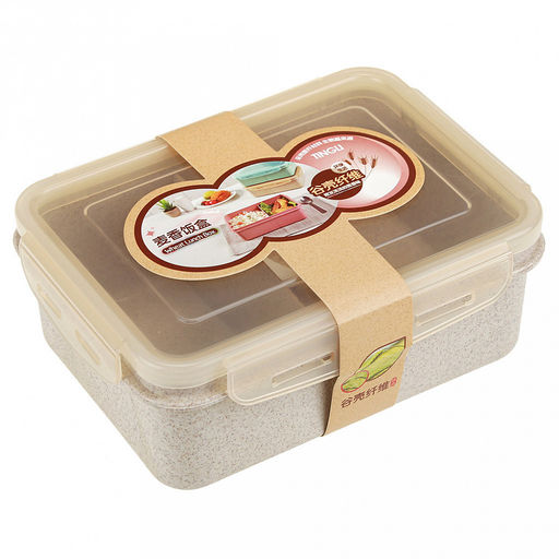 Ланч-бокс для продуктов пластмассовый Эко дом 17,5х13см h7см, 2 отделения 0,85л, с ложкой 13см, крышка прозрачная, с клипсами, с уплотнителем, цвета в ассортименте: бежевый, розовый, голубой (Китай) Пластик с добавлением пшеничных волокон. - Домашняя мода фото 4