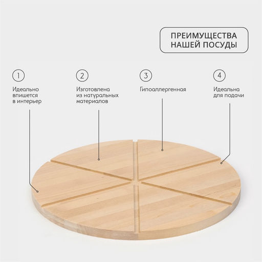 Доска для пиццы деревянная Adelica «Итальяно», с потайными ручками, 6 кусков, d=32 см, толщина 1.8 см, берёза