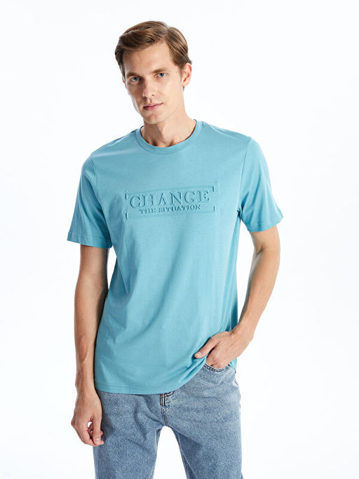 Bisiklet Yaka K?sa Kollu Bask?l? Penye Erkek Ti??rt