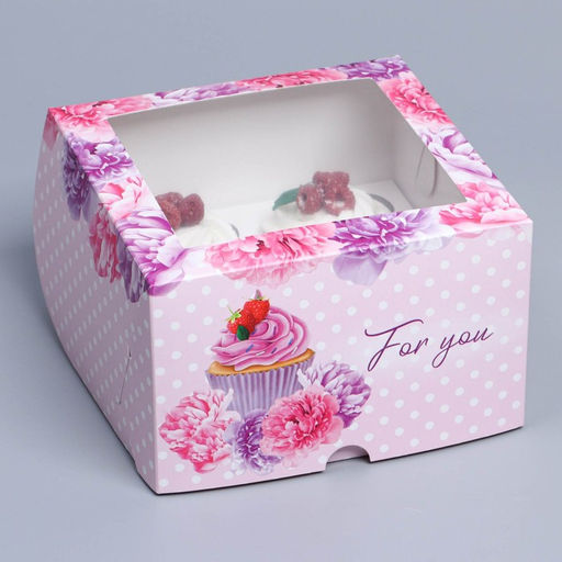 Цена за 5 шт. Коробка для капкейков, кондитерская упаковка с окном, 4 ячейки «Пионы», 16 х 16 х 10 см