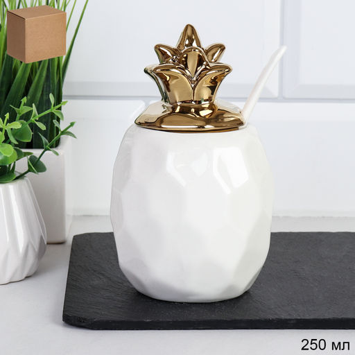 Сахарница 250 мл с ложкой Ананас / CF432 /уп 54/белая/желтая ЗАВОДСКОЙ БРАК - Галеонтрейд фото 2