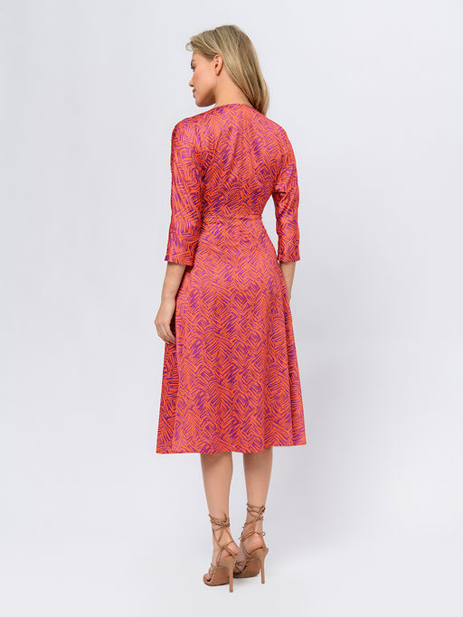 Платье оранжевого цвета длины миди с принтом и V-образным вырезом - 1001dress фото 4