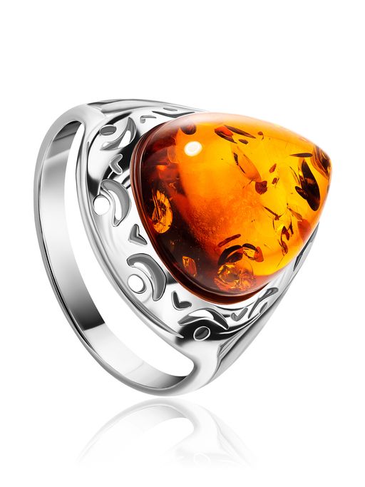 Изысканное кольцо из серебра и натурального балтийского янтаря коньячного цвета Джульетта