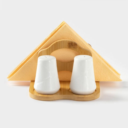 Набор для специй BellaTenero, солонка 60 мл, перечница 60 мл, салфетница, на бамбуковой подставке, фарфор, белый  фото 4