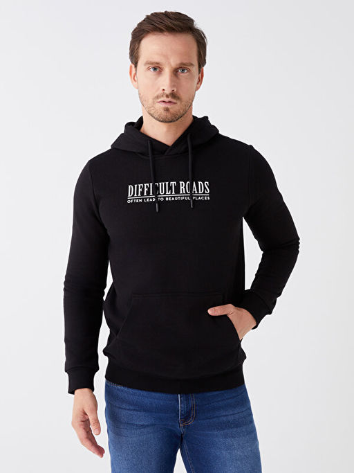 Uzun Kollu Bask?l? Erkek Kal?n Hoodie