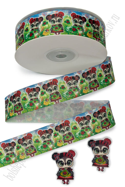 Лента репсовая 2,5 см*25 ярд с рисунком "Совёнок и божья коровка" SF-6131