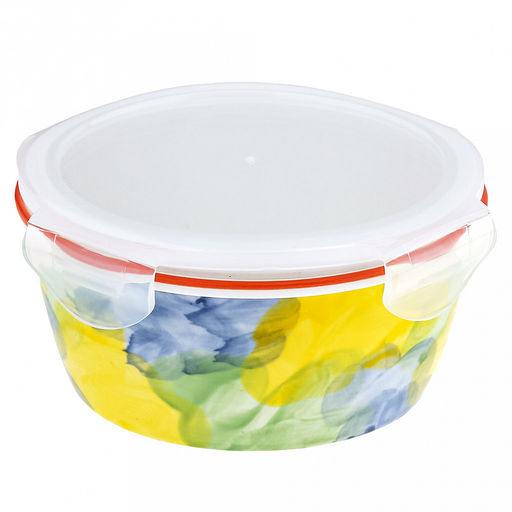 Акварель Салатник-контейнер фарфоровый 900мл, д16,7х7,3см, круглый, с деколью, отводка, пластмассовая крышка, герметичная, с клипсами, с силиконовым уплотнителем (Китай) - Домашняя мода фото 2