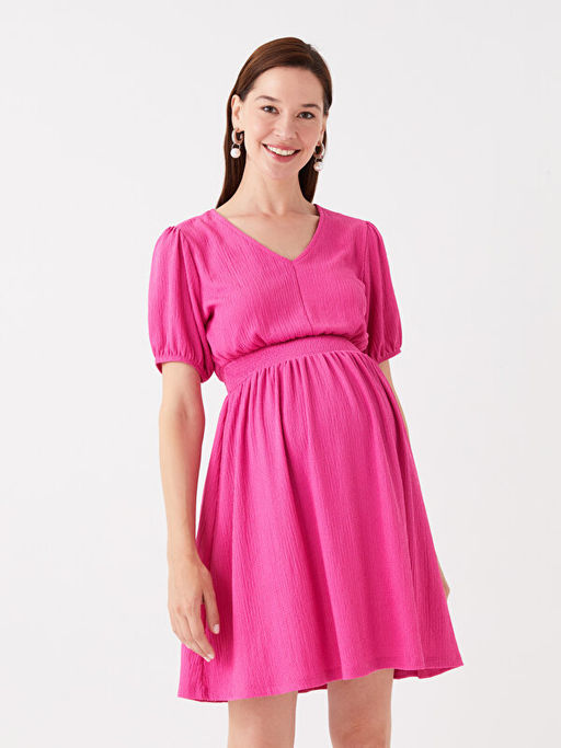 V Yaka D?z K?sa Kollu Hamile Elbise