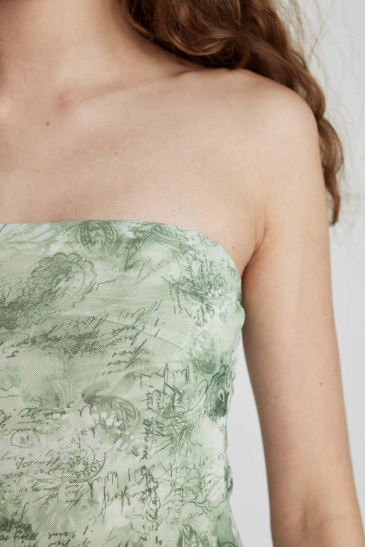 Платье миди из тюля без бретелек с разрезом и рисунком - Defacto фото 4