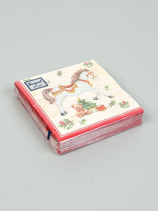 Цена за 5 шт. Салфетки бумажные трёхслойные «Новогодняя лошадка. кремовый фон», 24×24, 25 шт.