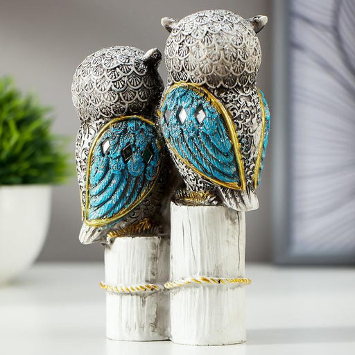 Фигурка полистоун «Семейство серых филинов с синими крыльями, на пеньках», 14.5×8.5×5.5 см