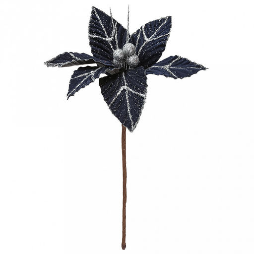 Декоративный цветок "Пуансеттия" д19см, h22см, для ветки, венка, пластик, бархат, синий (Россия)