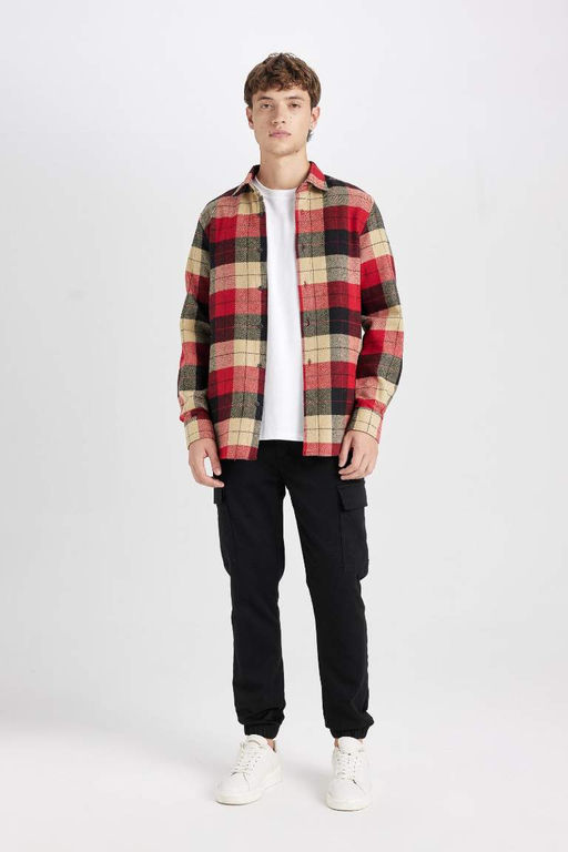 Мужская бордово-красная фланелевая рубашка с длинными рукавами и воротником-поло стандартного кроя в клетку Lumberjack - Defacto фото 7