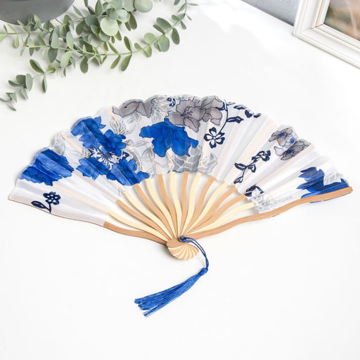Веер складной h=21 см изгиб, с кистью Цветы, в коробке, бело-синий