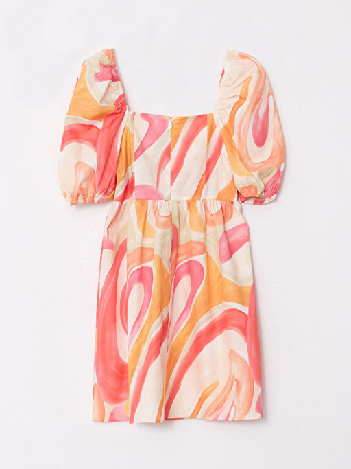 Kare Yaka Desenli Balon Kollu Poplin Elbise