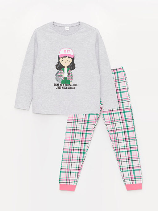 Bisiklet Yaka Bask?l? Uzun Kollu K?z ?ocuk Pijama Tak?m?