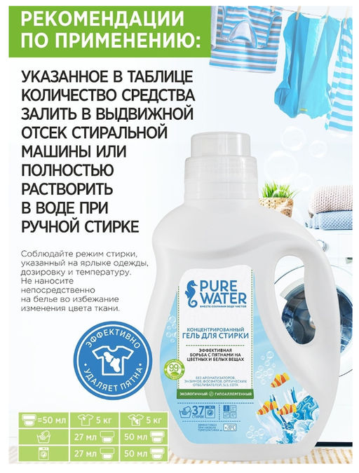 Концентрированный гель для стирки PURE Water 1000 мл  фото 4