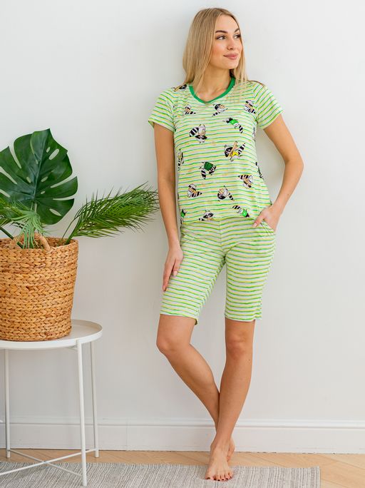 Пижама женская из футболки и бридж из кулирки Локки зеленый - Амадель фото 8