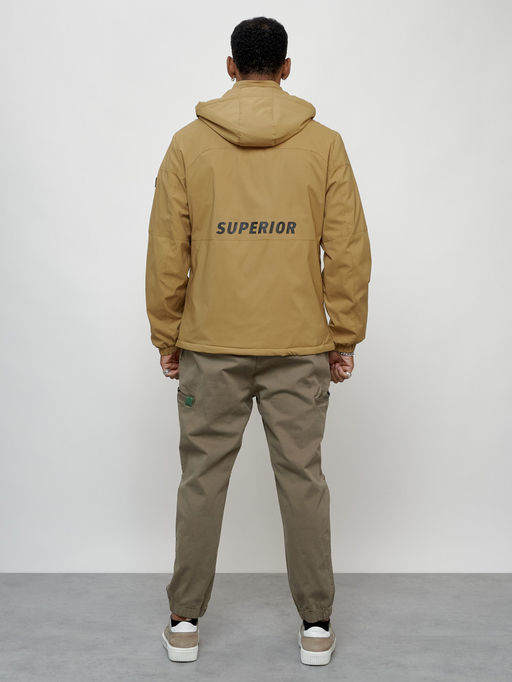 Куртка спортивная мужская весенняя с капюшоном бежевого цвета 88021B