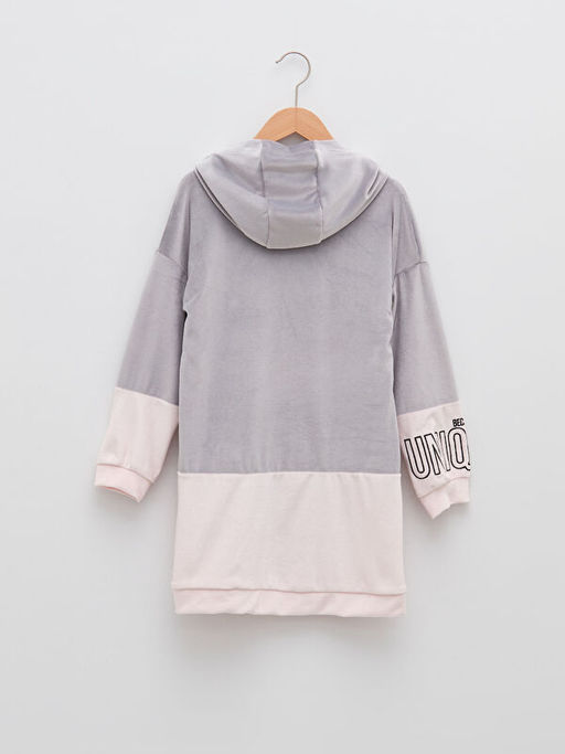 Kap??onlu Bask?l? Uzun Kollu Kadife K?z ?ocuk Elbise - Waikiki фото 2