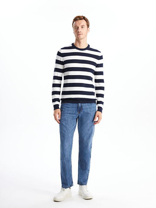 Bisiklet Yaka Uzun Kollu ?izgili Erkek Triko Kazak