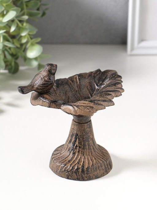 Сувенир чугун подставка, кормушка для птиц "Птичка на листе" 12х10х13 см