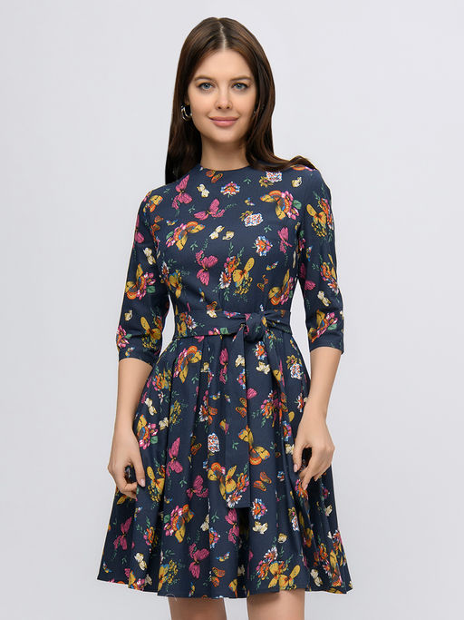 Платье синее длины мини с принтом и рукавами 3/4 - 1001dress фото 4