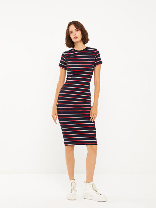 Bisiklet Yaka ?izgili K?sa Kollu Kad?n Bodycon Elbise