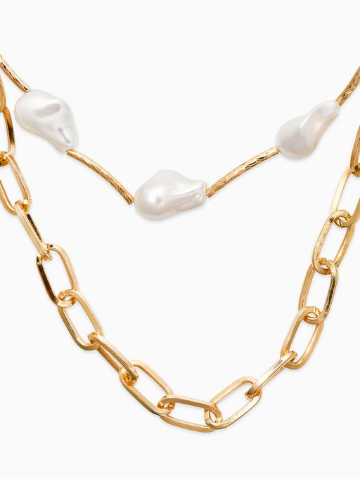 Колье "Жемчуг" борокко, цепь, 2 яруса, цвет белый в золоте