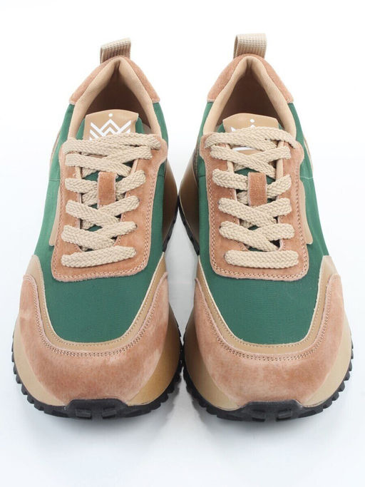 04-PDJ96-2 BEIGE/GREEN Кроссовки демисезонные женские (натуральная замша, натуральная кожа, текстиль)