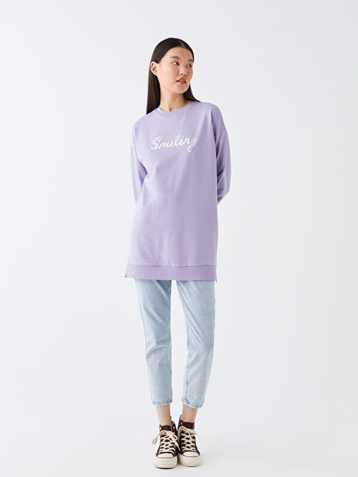 Bisiklet Yaka Bask?l? Uzun Kollu Oversize Kad?n Sweatshirt Tunik