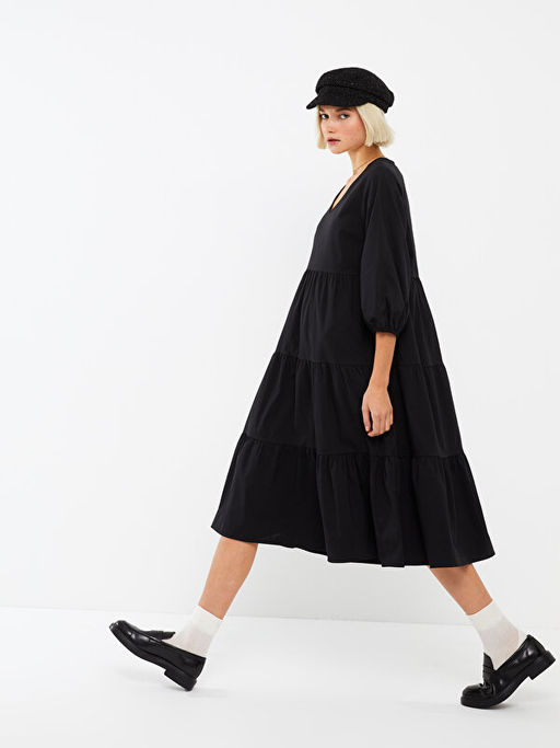 V Yaka D?z Poplin Elbise