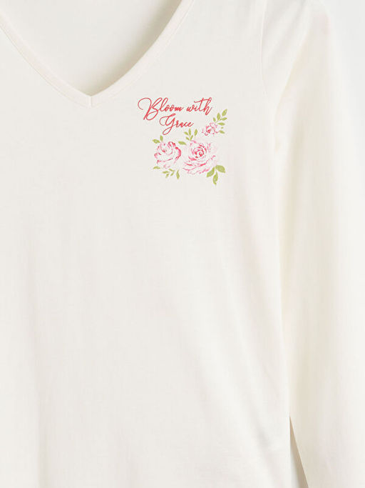 V Yaka Bask?l? Kad?n Pijama ?st