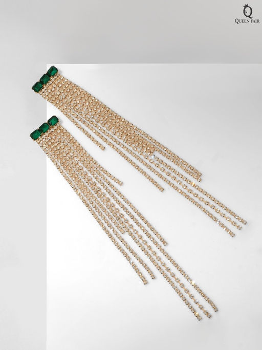 Серьги висячие со стразами «Мулен Руж» водопад, цвет бело-зелёный в золоте, 19 см