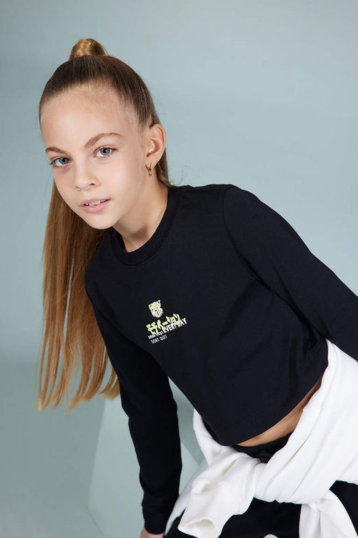 Футболка с длинным рукавом и принтом для девочек с круглым вырезом - Defacto фото 2