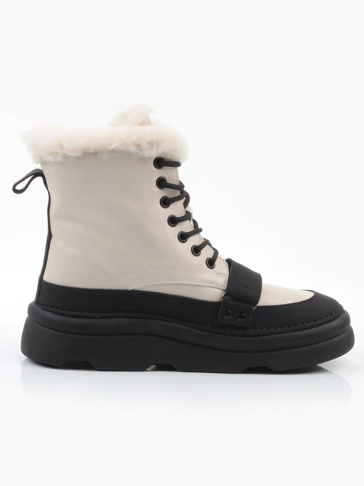 04-PAJ76-2Z LT. BEIGE /BLACK Ботинки зимние женские (натуральная кожа, натуральный мех, 100% шерсть)