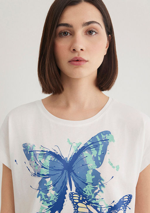 Kelebek Bask?l? Beyaz Tisort - Mavi фото 5